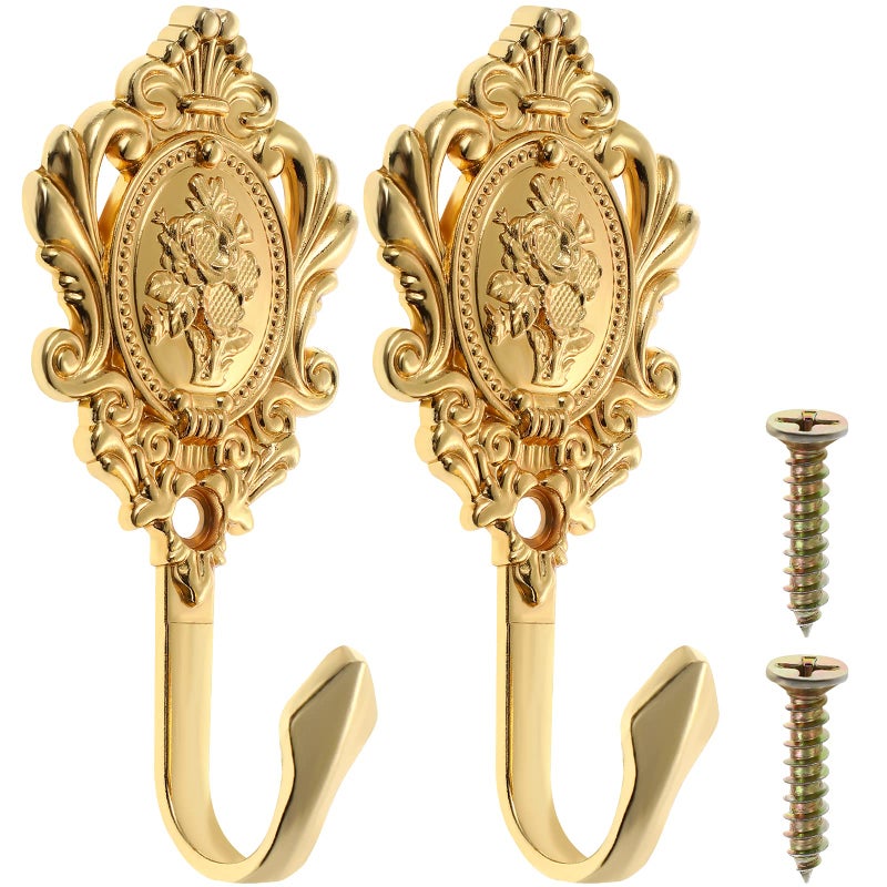 OULII 2-Pack Vintage Drapery Curtain Holdbacks Tieback Hooks Rose Pattern (Golden) - Image 1